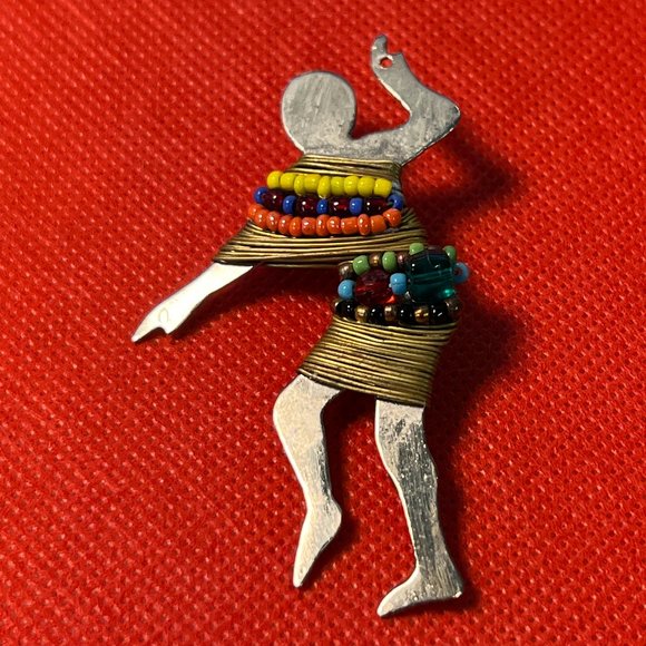 Artisan Made Dancing Woman Silver Tone with Gold Wire/Czech Beads Brooch Pin - Picture 1 of 3